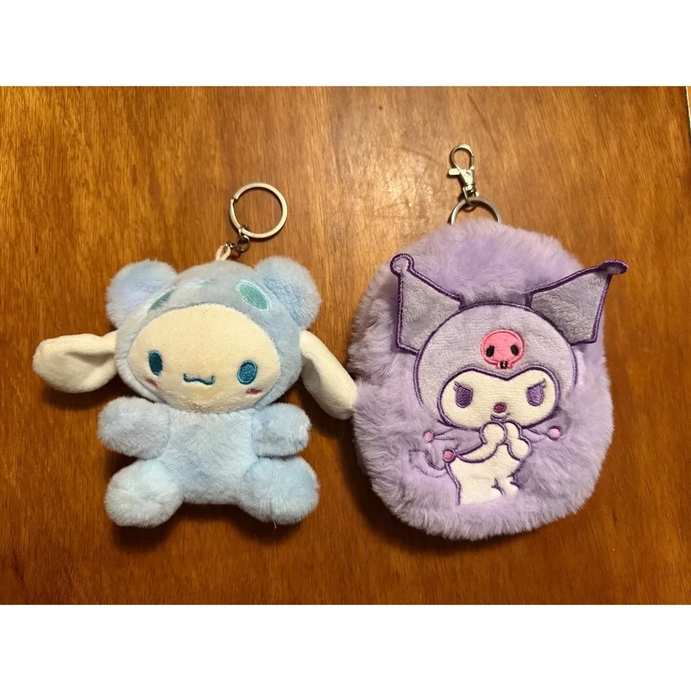 Sanrio Cinnamoroll Plush Keychain and Kuromi Fuzzy Zipper Pouch Set Blue Purple